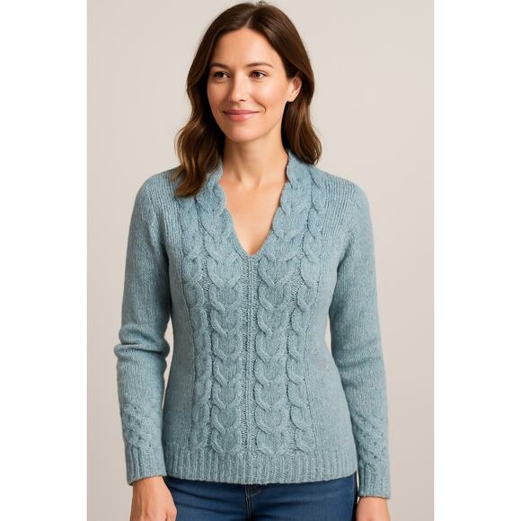 Irelandseye Merino Cashmere Blue Cable Knit Sweater, Made in Ireland, L